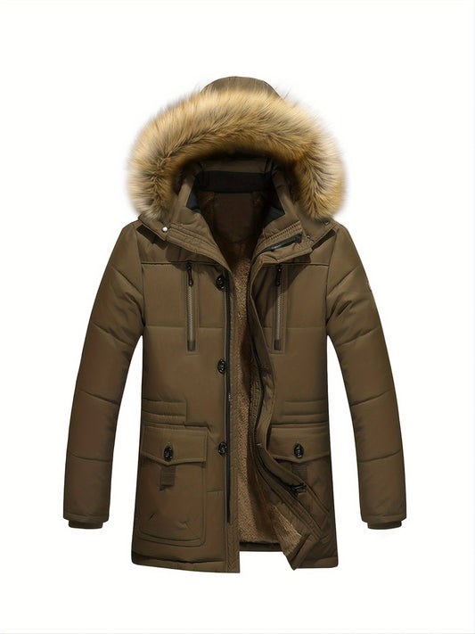 Plus Velvet Thick Warm Wool Collar Men's Mid-length Jacket Coat, Casual Parka