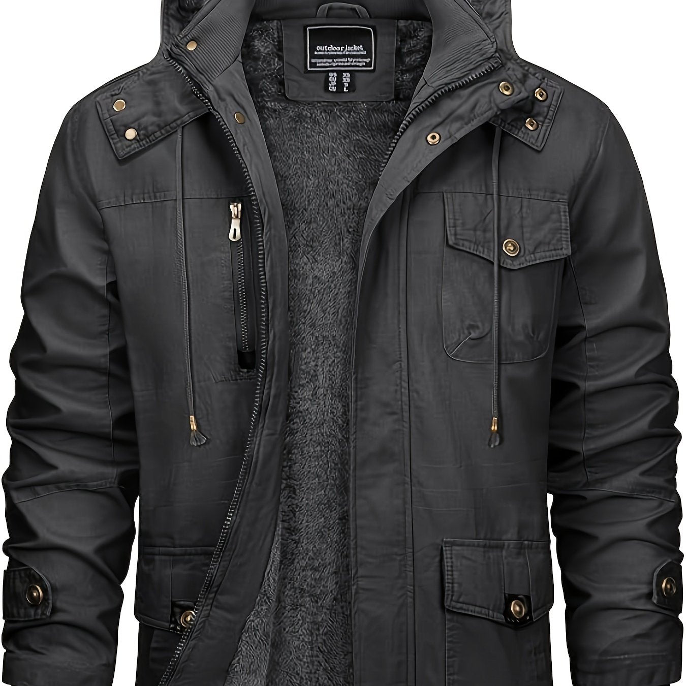 Men's Winter Windproof Full-Zip Jacket with & Detachable Hood - Heavy-Duty Multi-Pocket Parka Coat Suitable for Outdoor,, - Machine Washable Warm Jacket