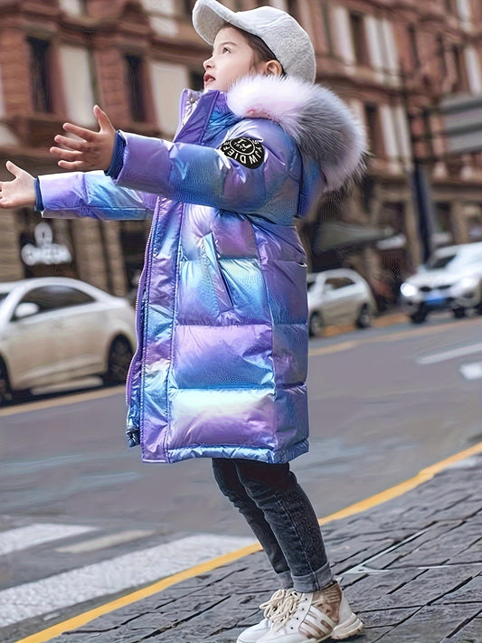 Youngsters' Cozy Pink & Purple Winter Jacket - Windproof, Warm with Detachable Faux Fur Hood, Zip-Up Long Parka for Boys & Girls - Perfect Winter Gift
