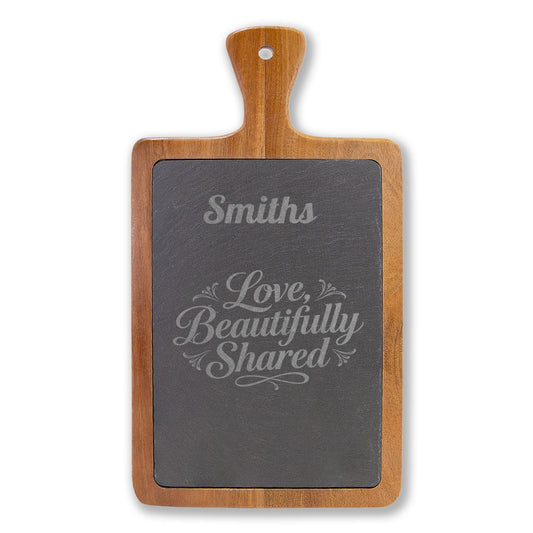 Personalized Engraved Charcuterie Board with Slate Inset & Cheese Tools