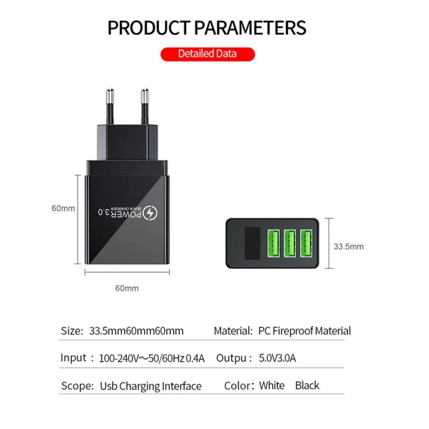 3.4A USB Charger Digital Display Quick Charge 3.0 Mobile Phone Chargers For iPhone Samsung Xiaomi Huawei Fast Charging Adapter