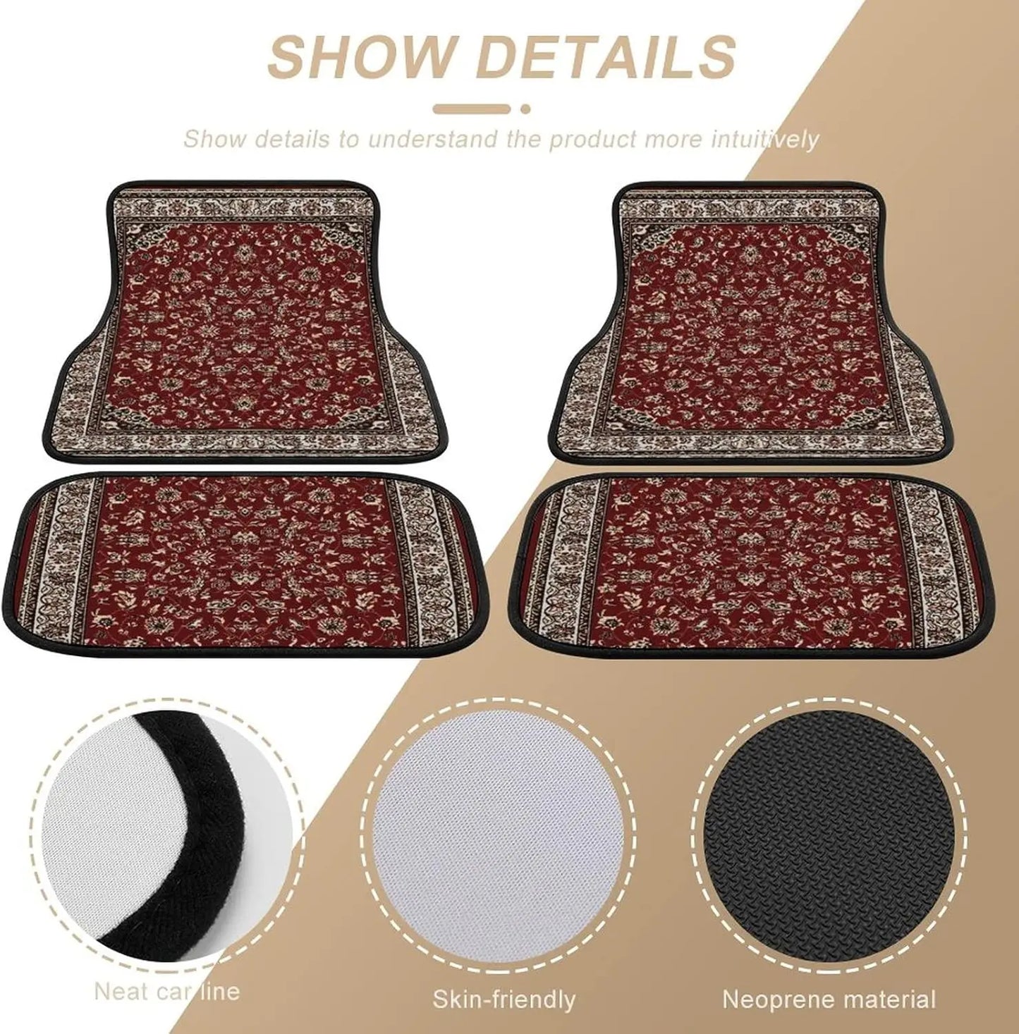 Rust Red Paisley Rug 4 Pieces Car Floor Mats Car Carpets Full Sets Universal Fit for SUV, Vans, Sedans, Trucks All Weather