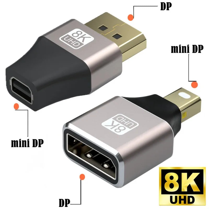 Mini DisplayPort to DisplayPort Adapter 8K60Hz DP2.1 Female to MiniDP Male Bi-Directional Connector for Laptop PC Gaming Monitor
