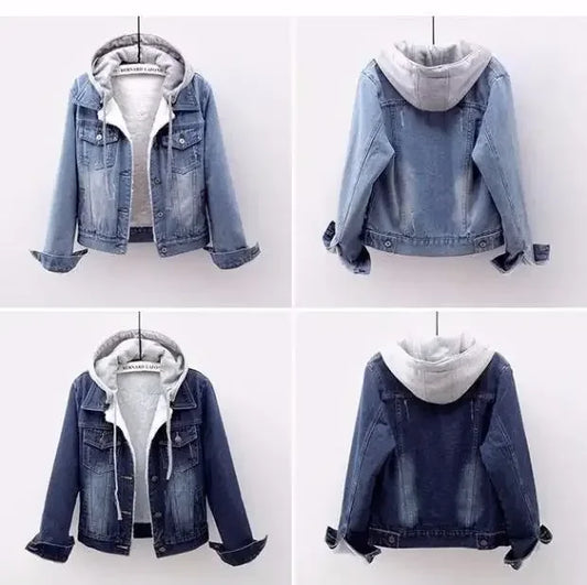 Women Denim Coat Hooded Single Breasted Button Jackets Hooded Patchwork Outerwear Cardigan Solid Pockets Streetwear Warm