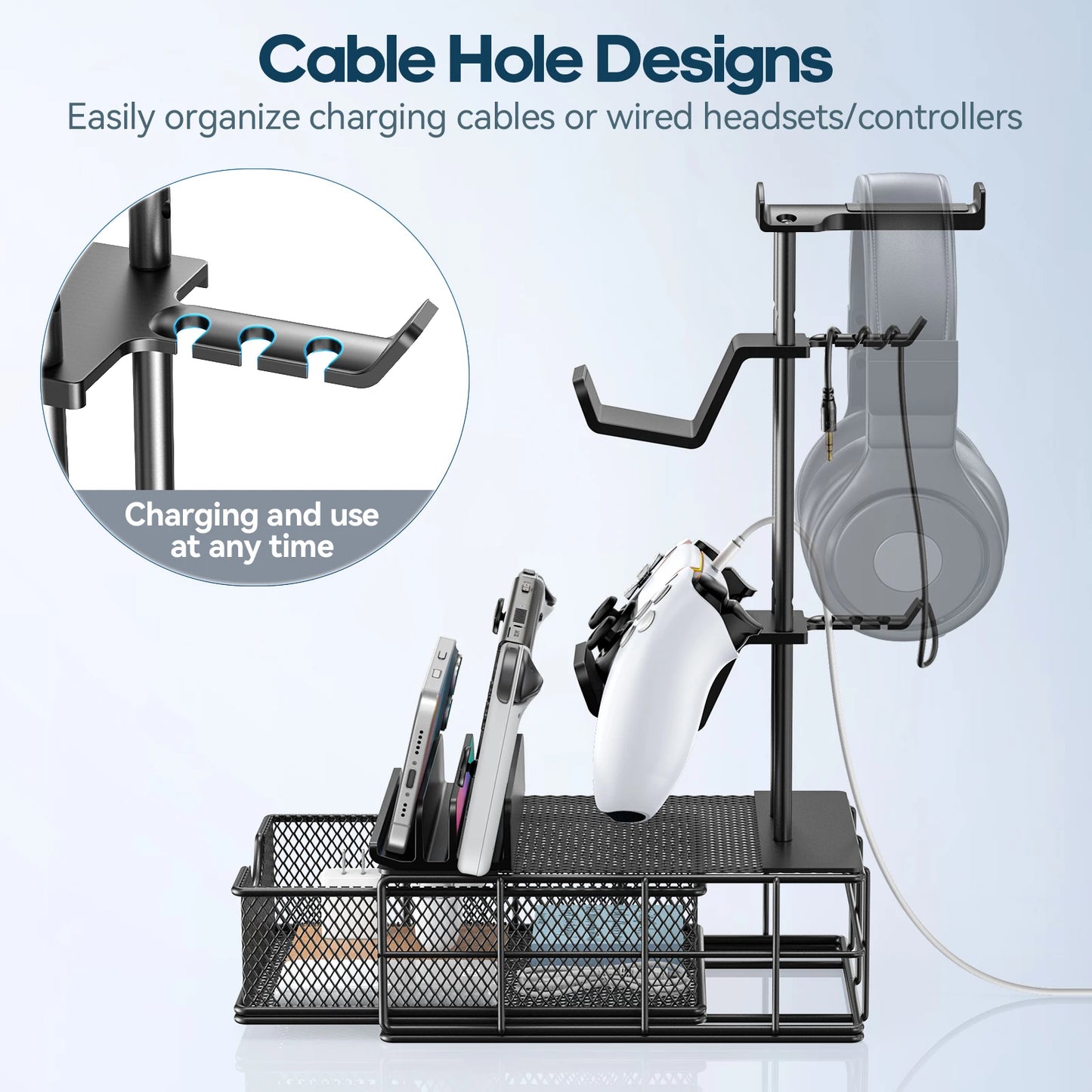 Headphone Stand with Drawer Headset & Controller Holder for Desk Earphone Stand Organizer Universal Gaming PC Accessories Storag