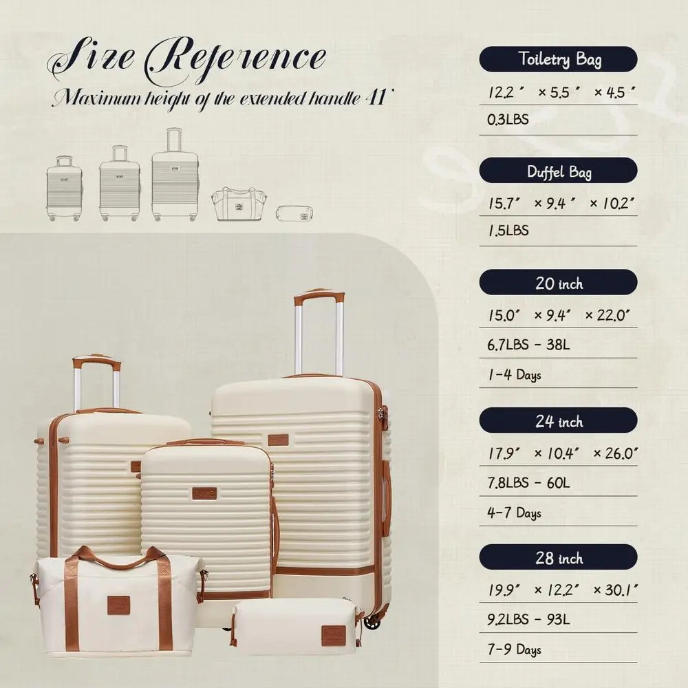 Lightweight 5-Piece White TSA-Lock Hardshell Spinner Luggage Set for Travel
