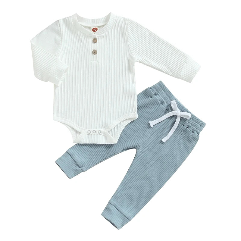Baby Boy 2 Piece Outfit Solid Color Ribbed Button Long Sleeve Rompers and Elastic Pants Fall Spring Clothes