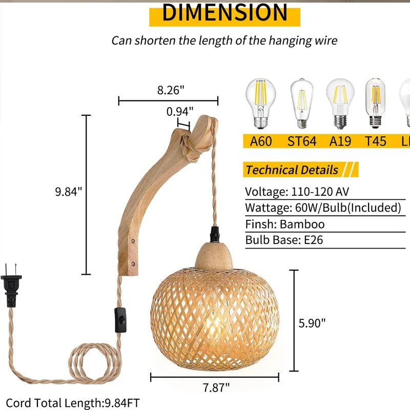 Bamboo Lantern Wall Lamp Natural Rattan Wicker E27 Chandeliers Hand-Woven Bamboo Room Decor Lampshades Wall Light Fixtures
