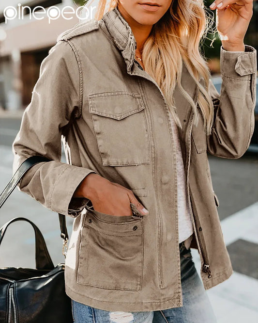 PinePear 2026 Spring Women Military Anorak Jackets Zip Up Snap Buttons Parka Safari Utility Coats Outwear with Pockets