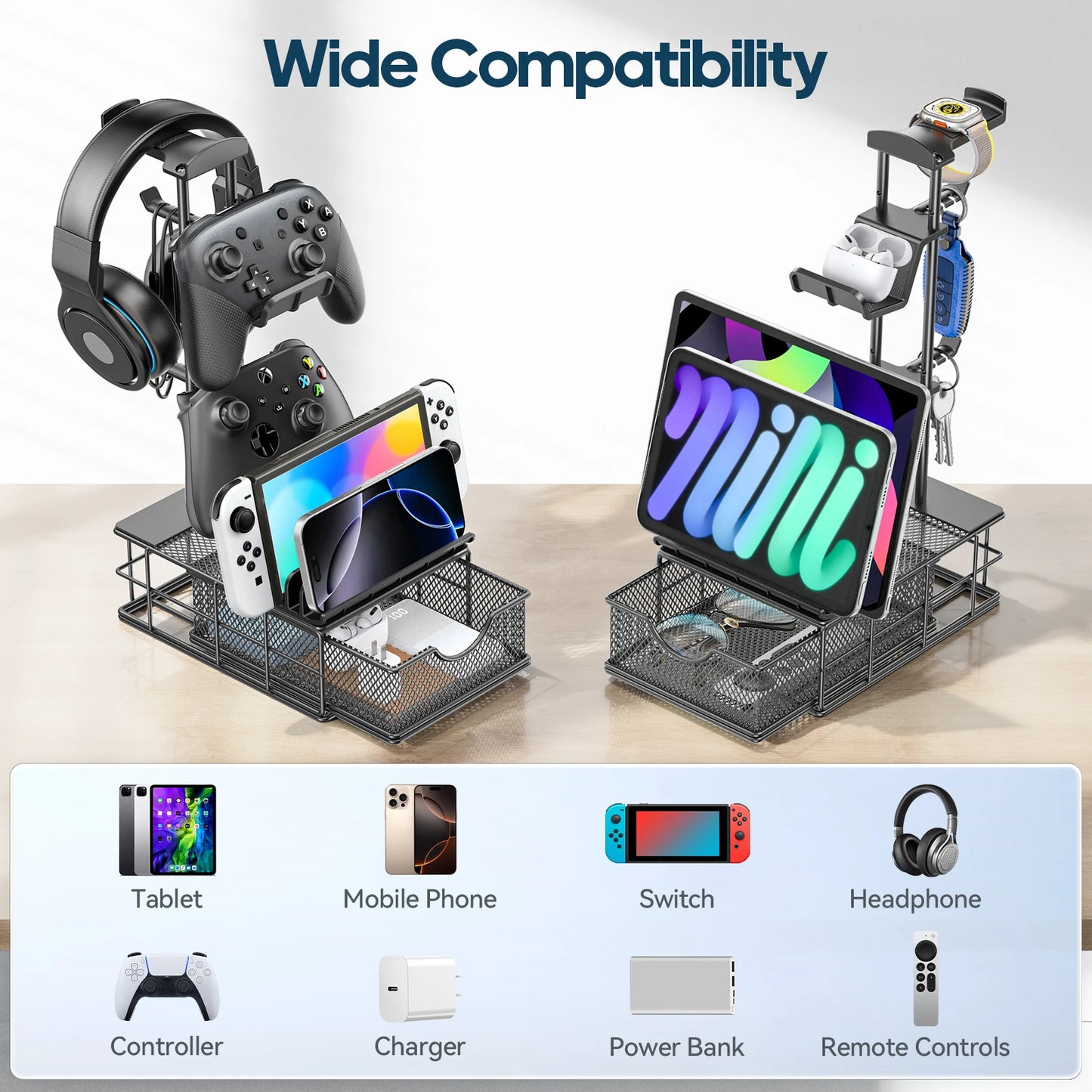 Headphone Stand with Drawer Headset & Controller Holder for Desk Earphone Stand Organizer Universal Gaming PC Accessories Storag