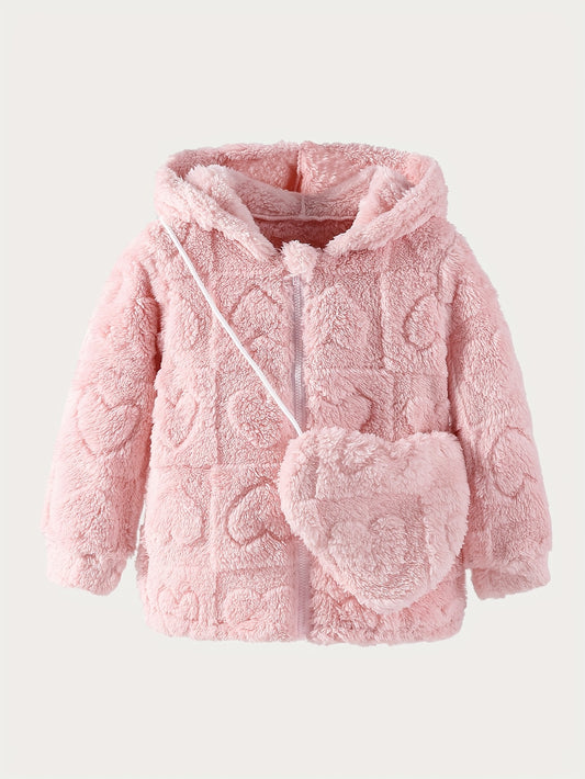 Girls' Pink Plush Hooded Jacket with Heart Appliqué & Plush - Winter Coat, Full-Zip Closure, Machine Washable H-Line Parka for & (No-Fill Warm Outerwear)