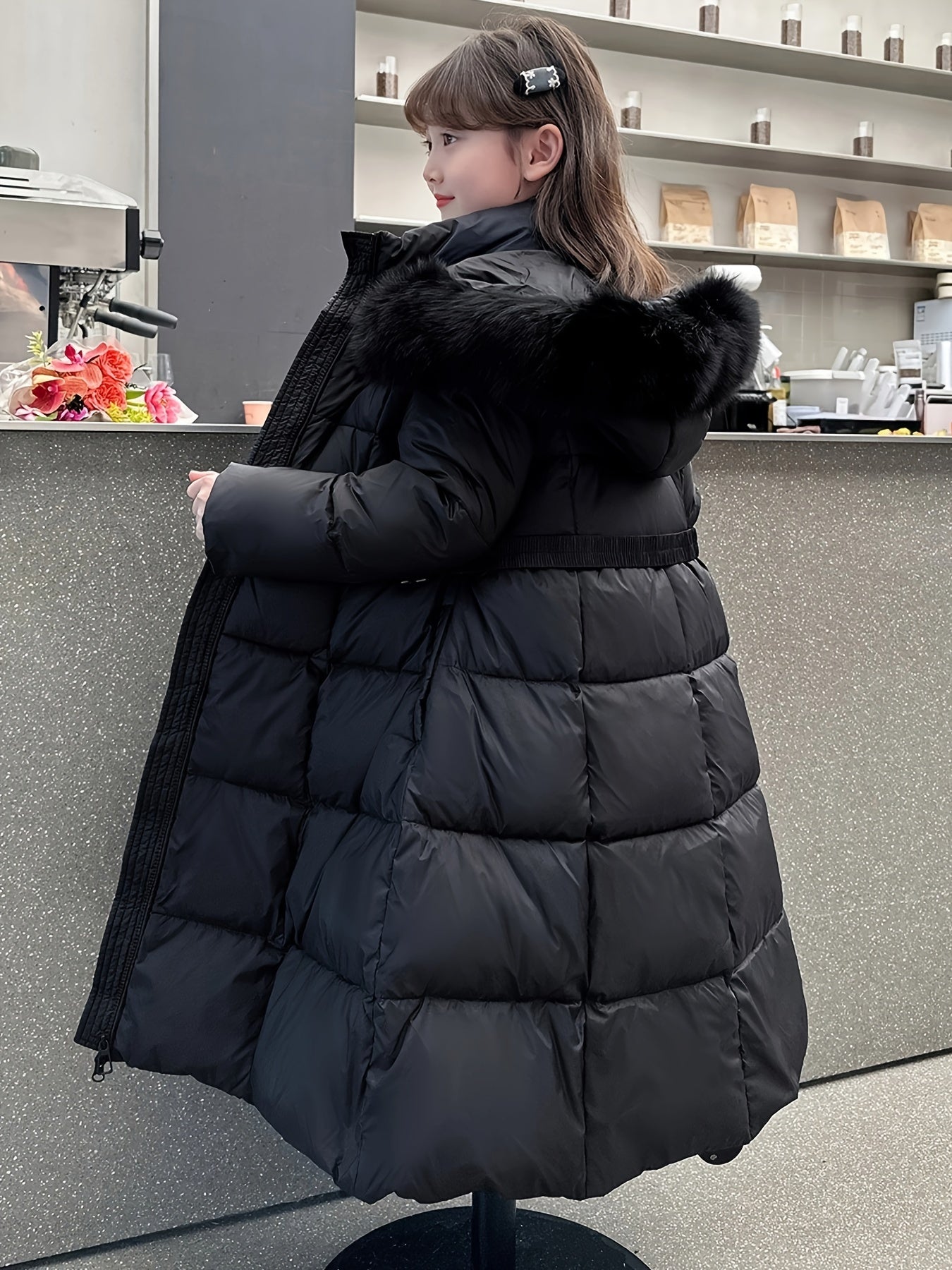 Elegant Long-Length Hooded Parka for Girls, Winter Slim Fit Puffer Coat with Belt, 100% Polyester Composition, Non-Stretch Solid Color with Flared Hem, Regular Sleeve - Kid's Outerwear