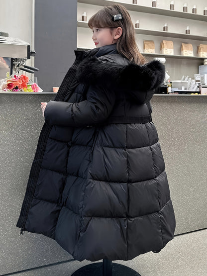 Elegant Long-Length Hooded Parka for Girls, Winter Slim Fit Puffer Coat with Belt, 100% Polyester Composition, Non-Stretch Solid Color with Flared Hem, Regular Sleeve - Kid's Outerwear