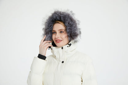 Multiple Pocket Solid Thicken Midi Padded Coat wantdo Women's Winter Puffer Parka Fashion Casual Classic Outdoor Hiking Travel Quilted Jacket Polyester Shell Faux Fur Detachable Hooded Overcoat Long Sleeve Two-way Zipper Yout