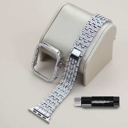 2-in-1 Strap + Hollow Shell Compatible with Apple Watch Straps 38mm 40mm 41mm 42mm 44mm 45mm 46mm+ Case, Women'S Jewelry Sparkling Rhinestone Replacement Metal Strap and 2pcs PC Protective Cover, Untempered Glass Film, Suitab