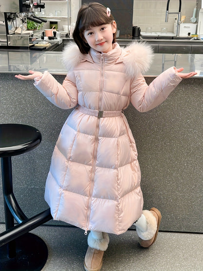 Elegant Long-Length Hooded Parka for Girls, Winter Slim Fit Puffer Coat with Belt, 100% Polyester Composition, Non-Stretch Solid Color with Flared Hem, Regular Sleeve - Kid's Outerwear