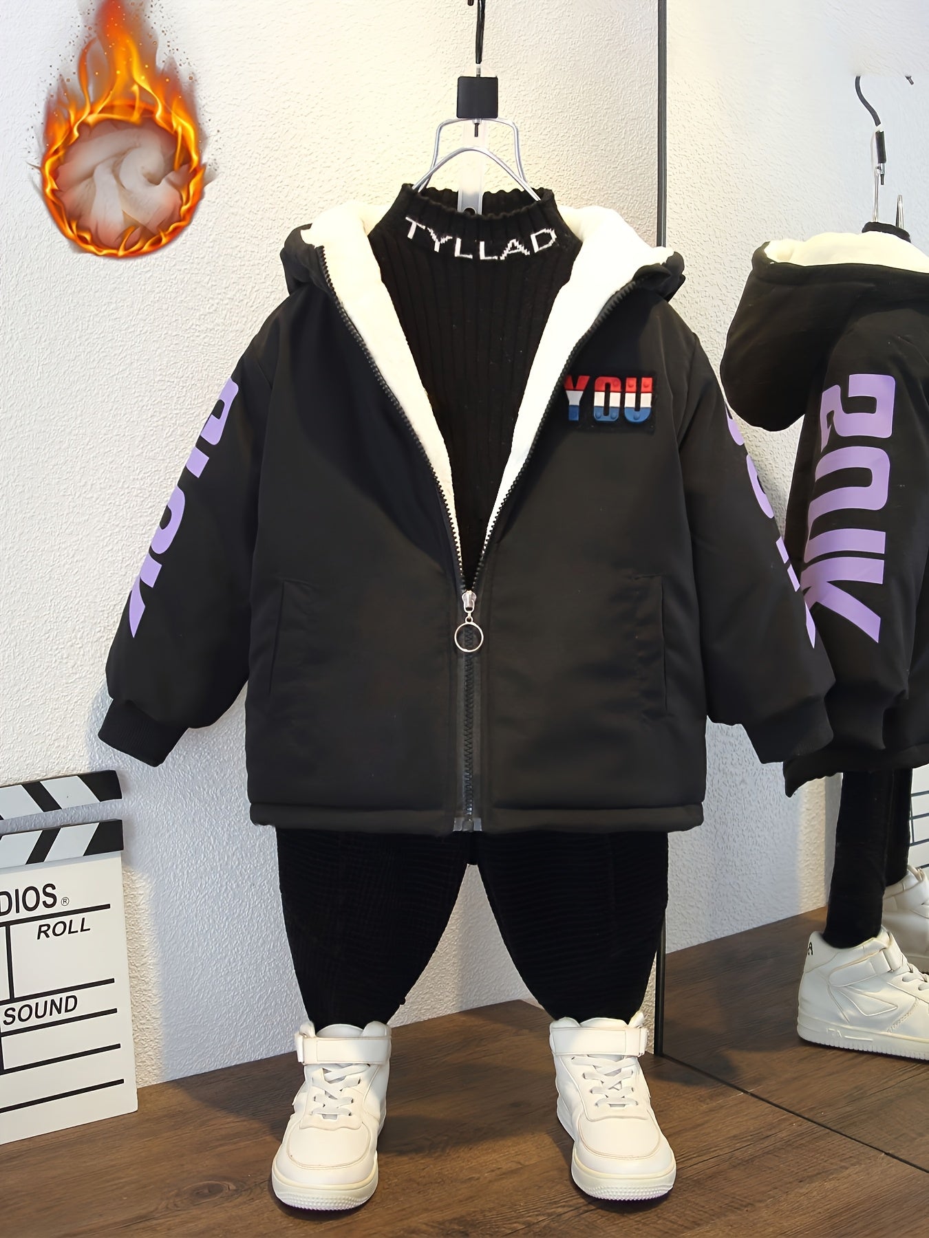 Boys' Cozy Fleece-Lined Hooded Parka Jacket - Warm Winter Outerwear with "Beloved's" Graphic, Orange Casual Style, Zip-Up Front, Long Sleeves, Loose Fit for Fall/Winter, Winter Jacket