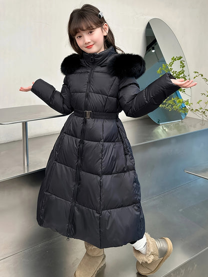 Elegant Long-Length Hooded Parka for Girls, Winter Slim Fit Puffer Coat with Belt, 100% Polyester Composition, Non-Stretch Solid Color with Flared Hem, Regular Sleeve - Kid's Outerwear