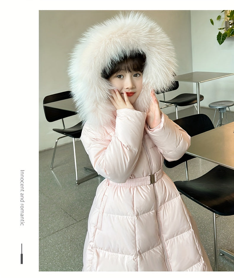 Elegant Long-Length Hooded Parka for Girls, Winter Slim Fit Puffer Coat with Belt, 100% Polyester Composition, Non-Stretch Solid Color with Flared Hem, Regular Sleeve - Kid's Outerwear