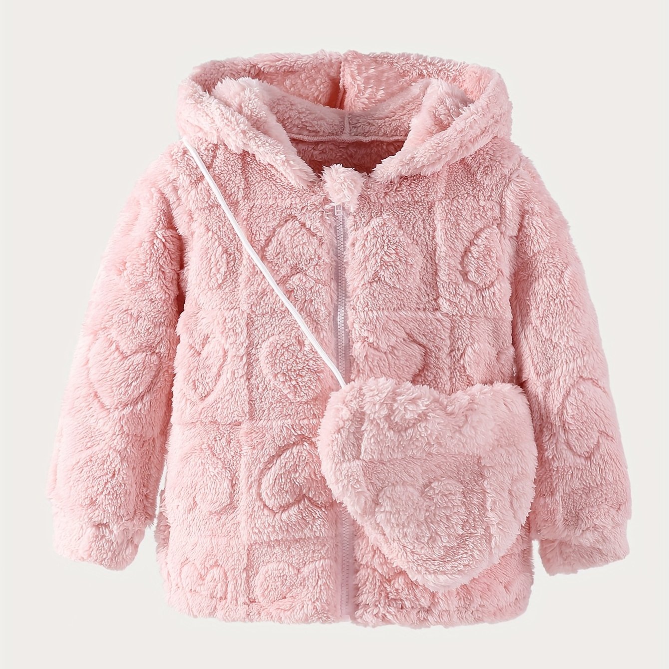 Girls' Pink Plush Hooded Jacket with Heart Appliqué & Plush - Winter Coat, Full-Zip Closure, Machine Washable H-Line Parka for & (No-Fill Warm Outerwear)