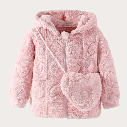 Girls' Pink Plush Hooded Jacket with Heart Appliqué & Plush - Winter Coat, Full-Zip Closure, Machine Washable H-Line Parka for & (No-Fill Warm Outerwear)