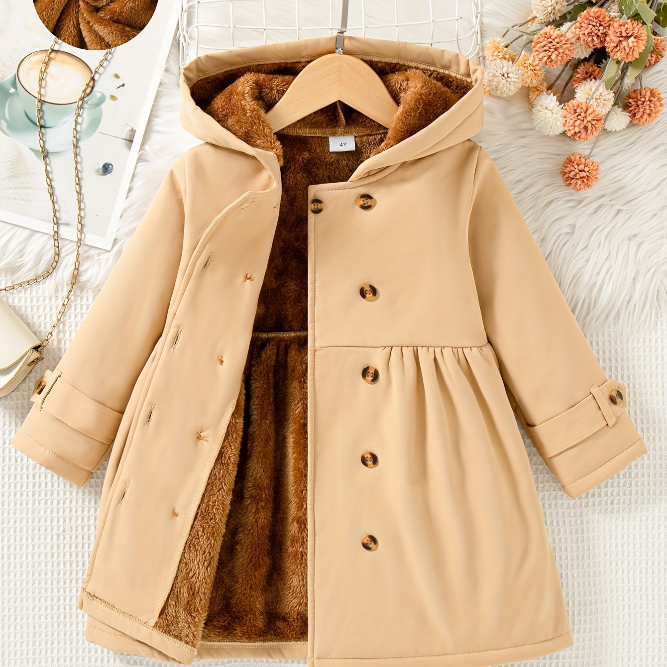 Xuanyusi Girls' Casual Fashion Solid Color Double-Breasted Long Sleeve Hooded Jacket, Polar Fleece for Autumn and Winter, Autumn Jacket, Winter Coat, Classic Style, Hooded Design, Soft Material, Durable Construction, Fleeceli