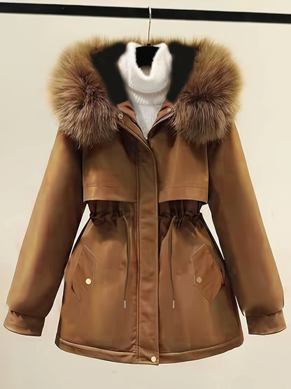 Plus-Size Parka Coat with a Furry Collar, Cinched Waist, And Thick Insulation for Warmth.
