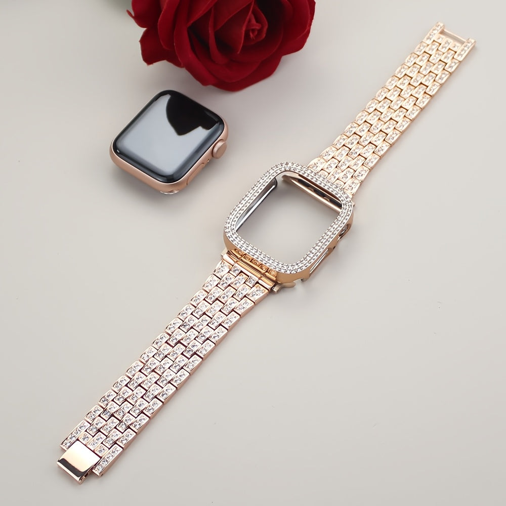 2-in-1 Strap + Hollow Shell Compatible with Apple Watch Straps 38mm 40mm 41mm 42mm 44mm 45mm 46mm+ Case, Women'S Jewelry Sparkling Rhinestone Replacement Metal Strap and 2pcs PC Protective Cover, Untempered Glass Film, Suitab