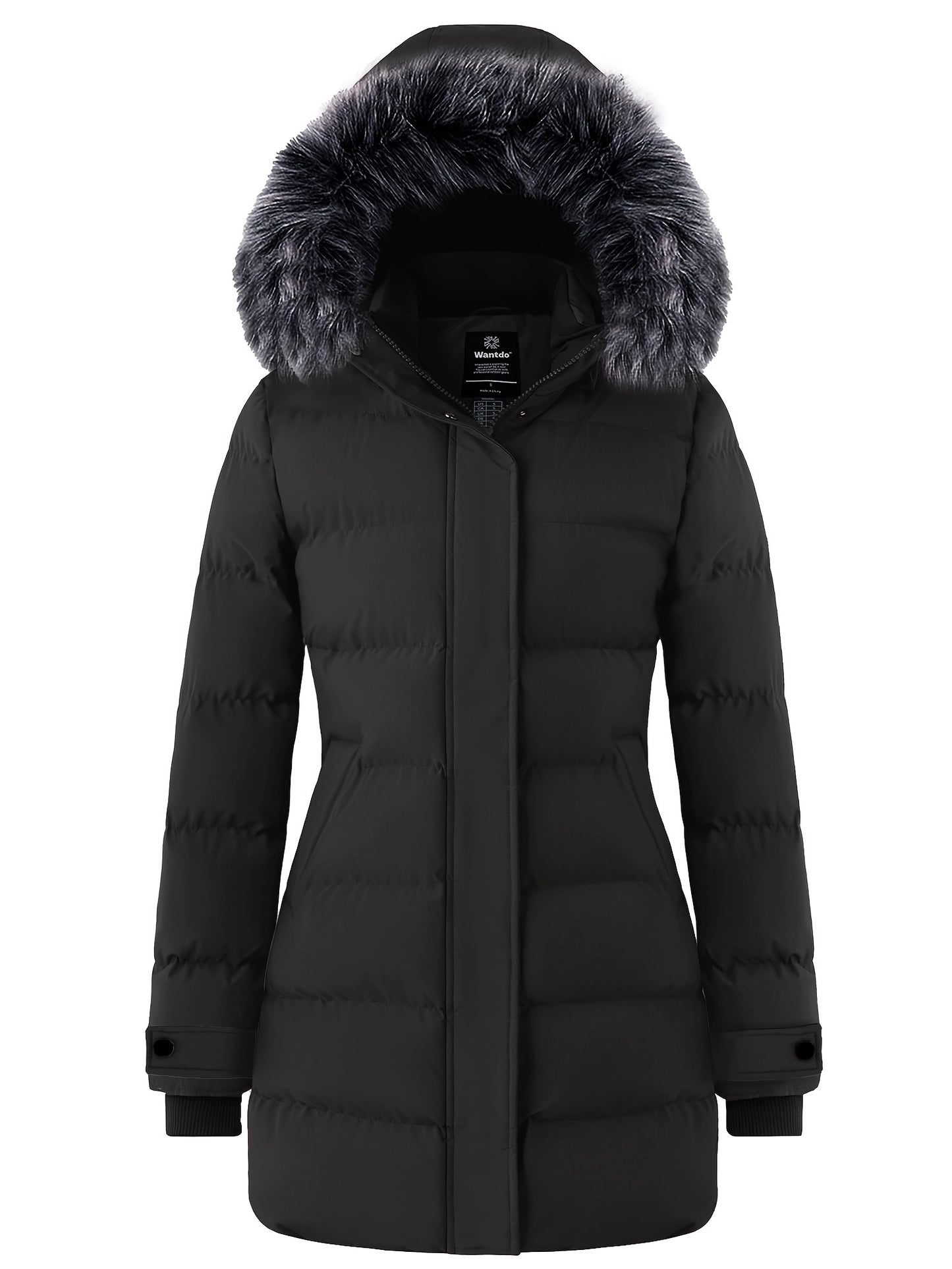 Multiple Pocket Solid Thicken Midi Padded Coat wantdo Women's Winter Puffer Parka Fashion Casual Classic Outdoor Hiking Travel Quilted Jacket Polyester Shell Faux Fur Detachable Hooded Overcoat Long Sleeve Two-way Zipper Yout