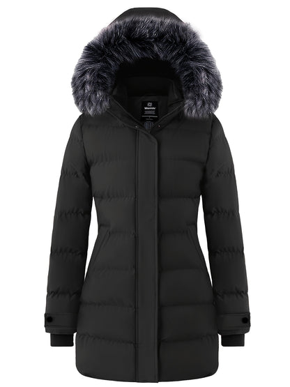 Multiple Pocket Solid Thicken Midi Padded Coat wantdo Women's Winter Puffer Parka Fashion Casual Classic Outdoor Hiking Travel Quilted Jacket Polyester Shell Faux Fur Detachable Hooded Overcoat Long Sleeve Two-way Zipper Yout