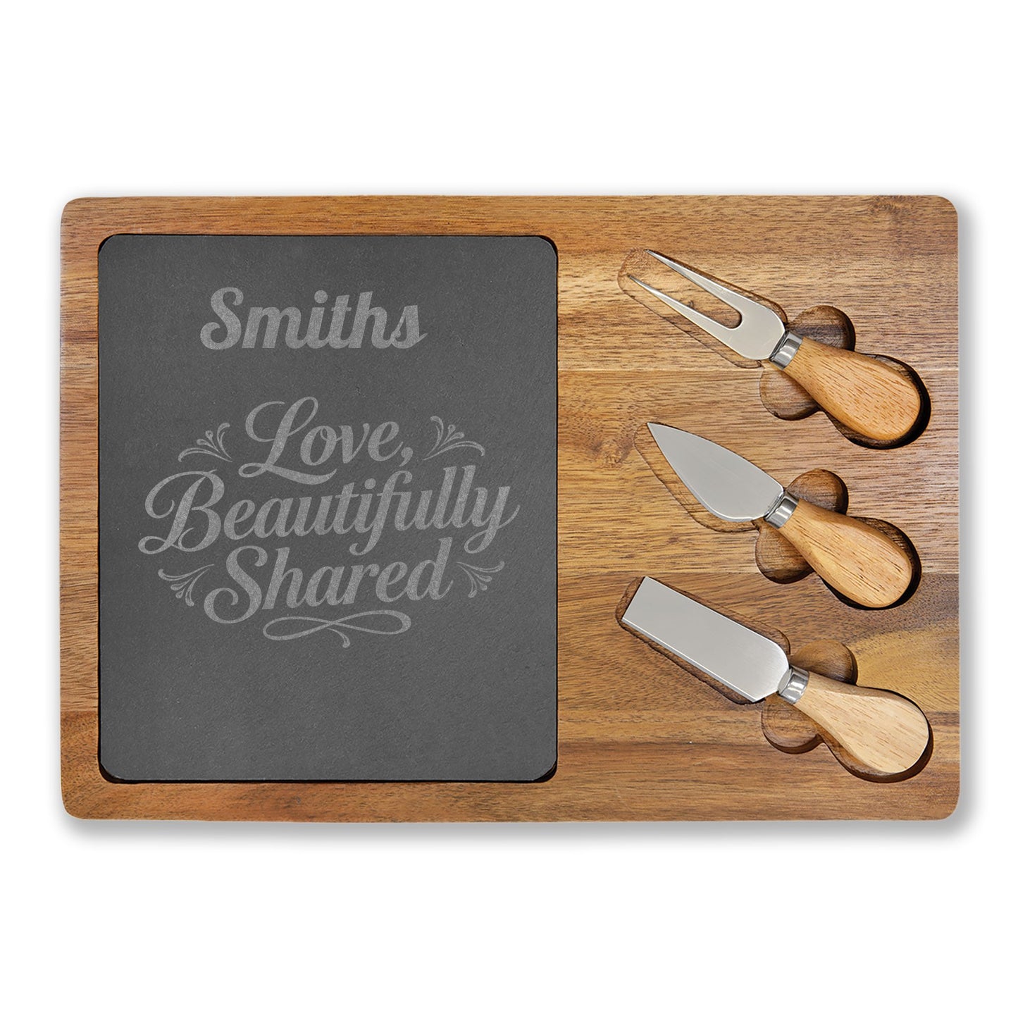 Personalized Engraved Charcuterie Board with Slate Inset & Cheese Tools