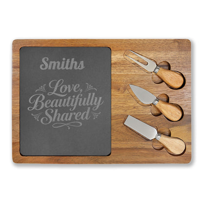 Personalized Engraved Charcuterie Board with Slate Inset & Cheese Tools