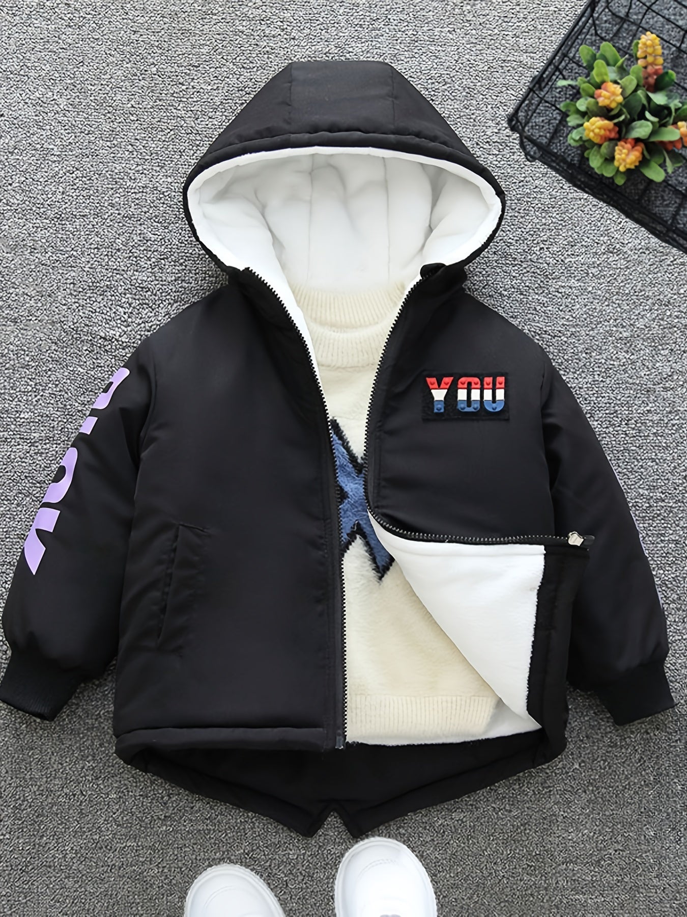 Boys' Cozy Fleece-Lined Hooded Parka Jacket - Warm Winter Outerwear with "Beloved's" Graphic, Orange Casual Style, Zip-Up Front, Long Sleeves, Loose Fit for Fall/Winter, Winter Jacket