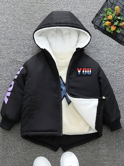 Boys' Cozy Fleece-Lined Hooded Parka Jacket - Warm Winter Outerwear with "Beloved's" Graphic, Orange Casual Style, Zip-Up Front, Long Sleeves, Loose Fit for Fall/Winter, Winter Jacket