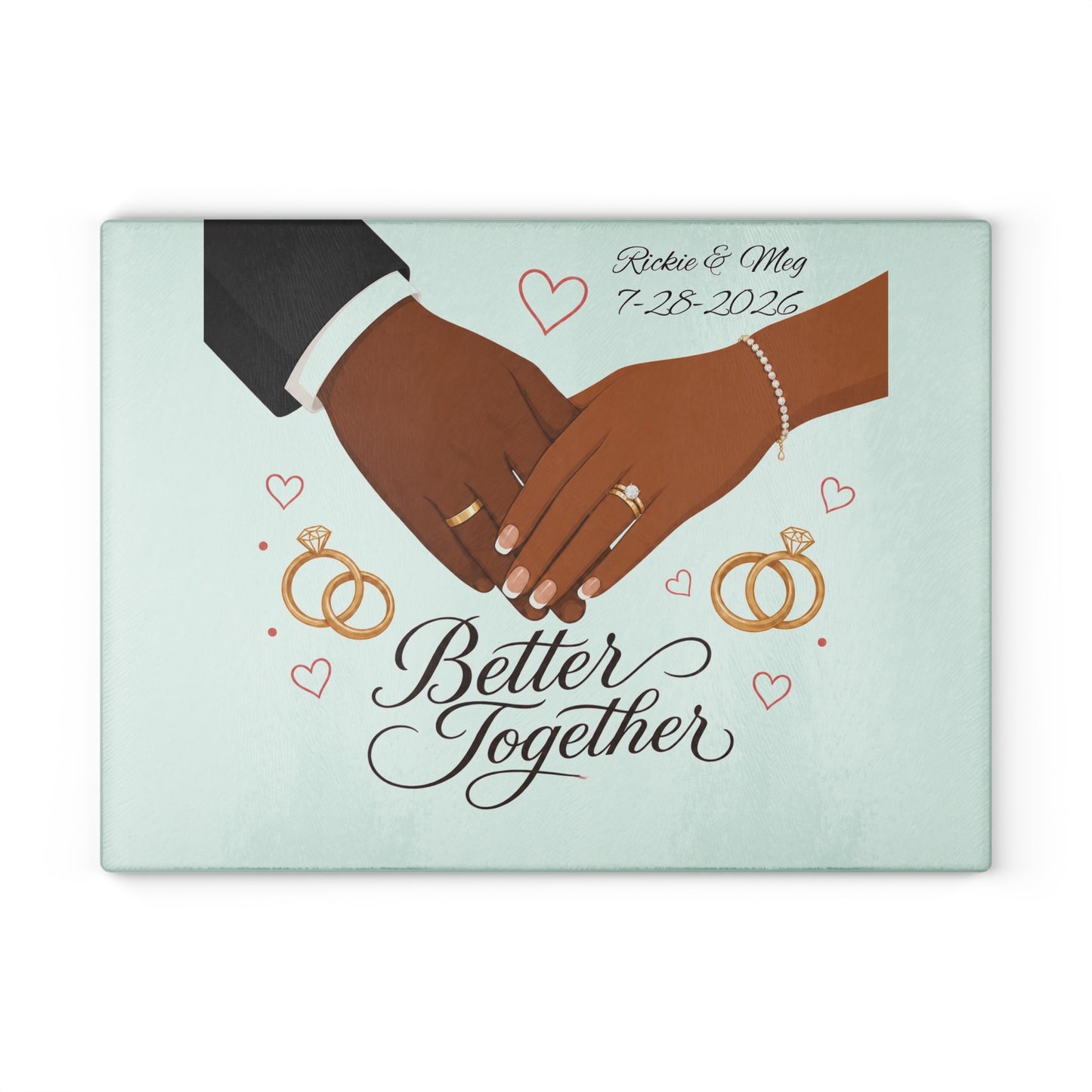 Better Together wedding hands Glass Cutting Board | Personalized date names