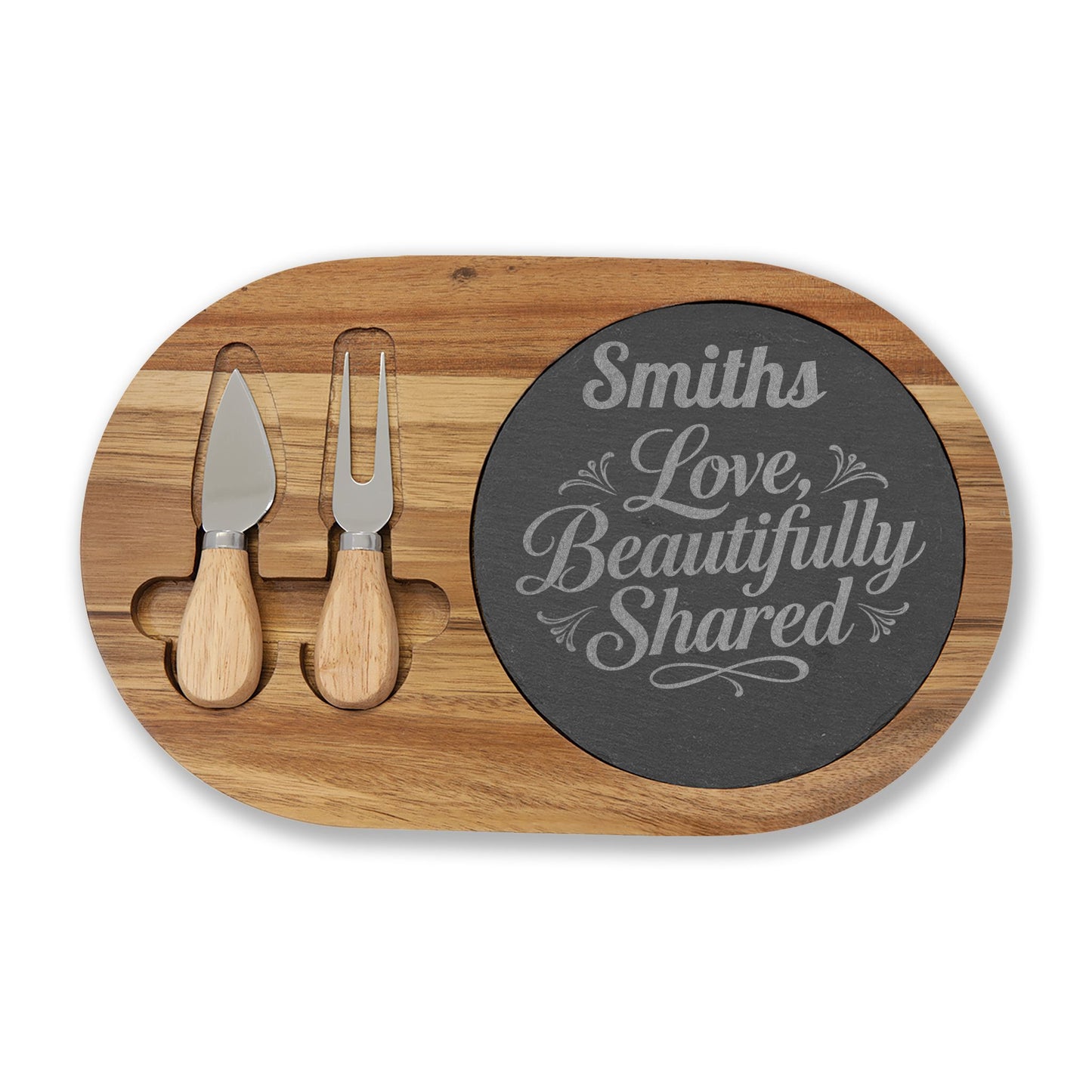 Personalized Engraved Charcuterie Board with Slate Inset & Cheese Tools