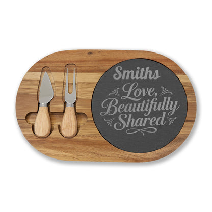 Personalized Engraved Charcuterie Board with Slate Inset & Cheese Tools