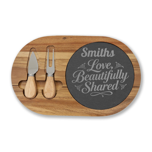 Personalized Engraved Charcuterie Board with Slate Inset & Cheese Tools