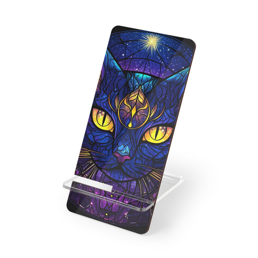 Stained Glass Cat Phone Stand, Colorful Yellow Eyed Cell Holder, Smartphone Display Dock, Black Cat Desk Organizer, Cute Kitty Tech