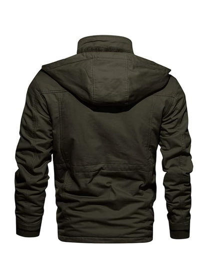 Men's Winter Windproof Full-Zip Jacket with & Detachable Hood - Heavy-Duty Multi-Pocket Parka Coat Suitable for Outdoor,, - Machine Washable Warm Jacket