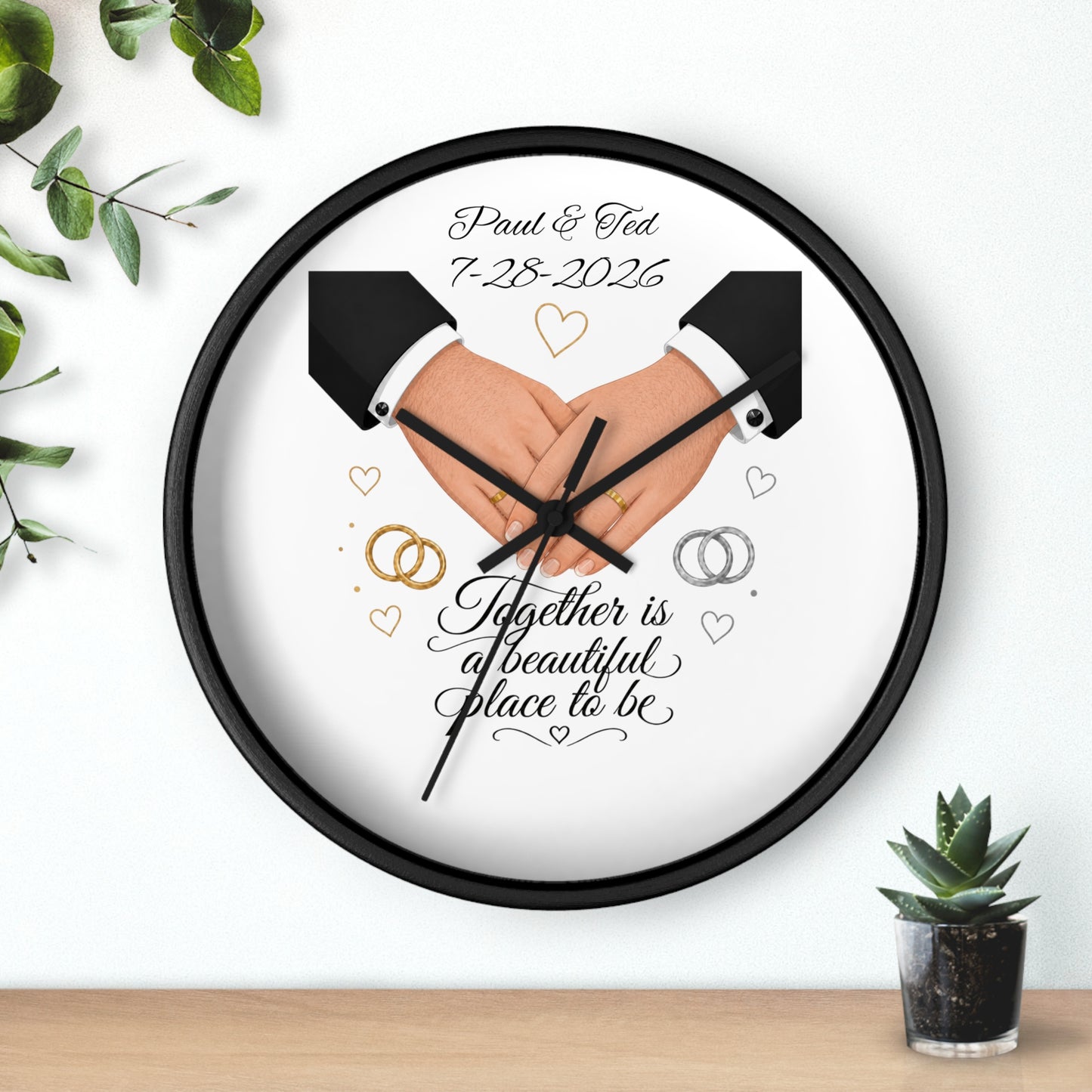 Handfasted Grooms Holding Hands Wall Clock | Wedding Rings, Personalized Date