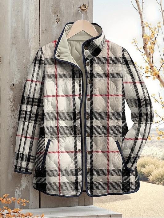 Plus Size - Women'S Plus Size Winter 2025 Thickened Padded Coat - Oversized Loose Fit Plaid & Stripe Digital Print Jacket, All-Season Warm Parka with Front Button Closure, Red/ Casual Outerwear for Cold Weather & Everyday Use