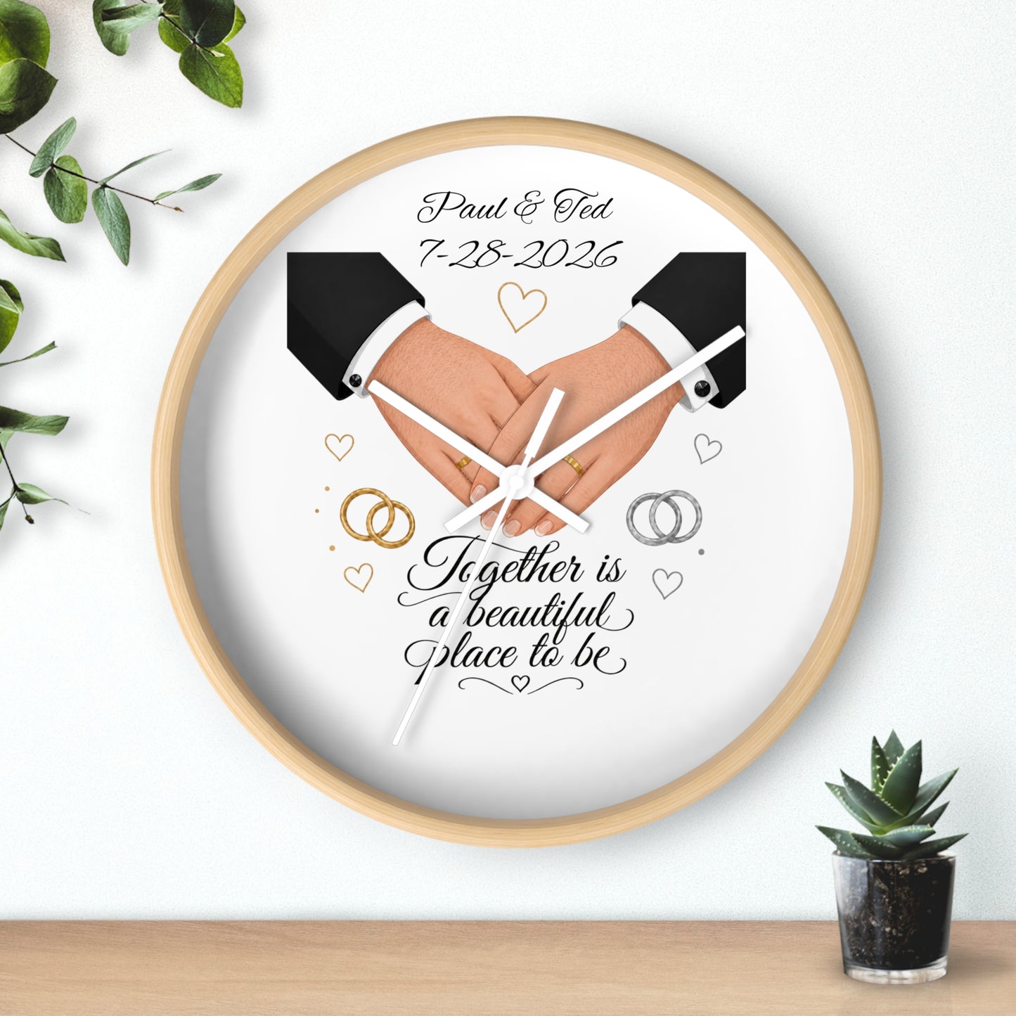 Handfasted Grooms Holding Hands Wall Clock | Wedding Rings, Personalized Date