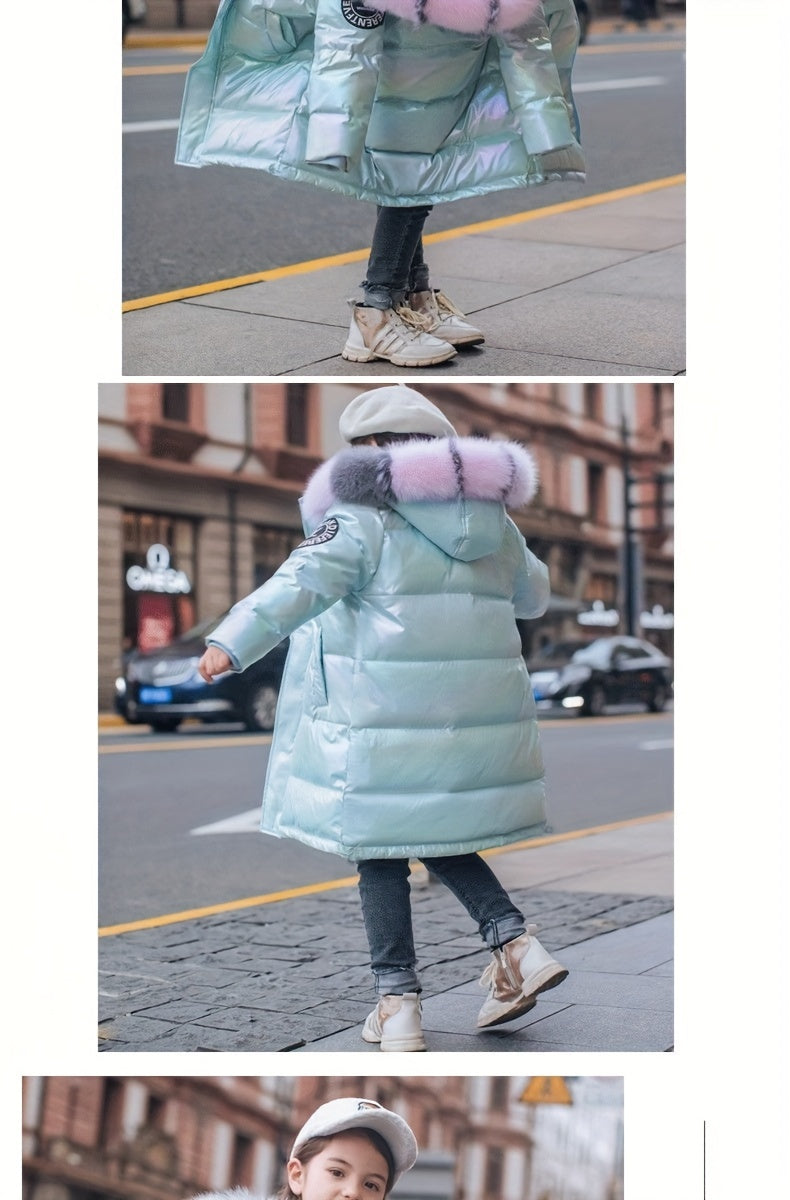 Youngsters' Cozy Pink & Purple Winter Jacket - Windproof, Warm with Detachable Faux Fur Hood, Zip-Up Long Parka for Boys & Girls - Perfect Winter Gift