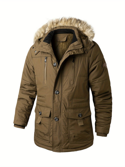 Plus Velvet Thick Warm Wool Collar Men's Mid-length Jacket Coat, Casual Parka