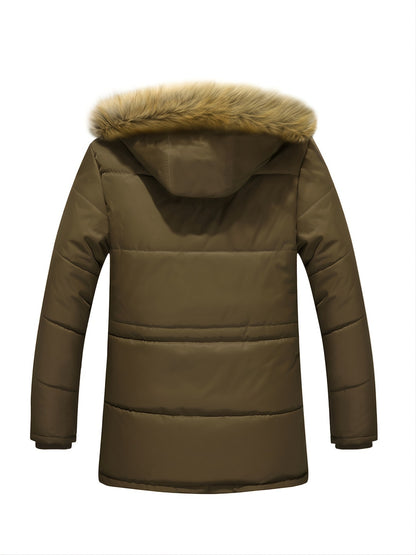 Plus Velvet Thick Warm Wool Collar Men's Mid-length Jacket Coat, Casual Parka