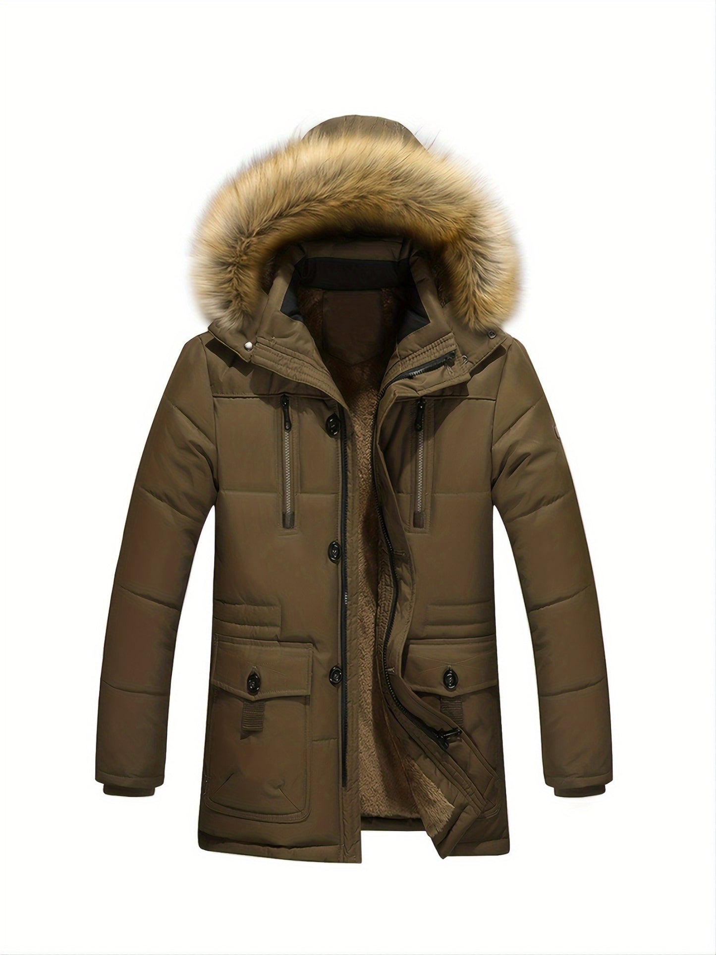 Plus Velvet Thick Warm Wool Collar Men's Mid-length Jacket Coat, Casual Parka