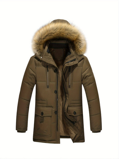 Plus Velvet Thick Warm Wool Collar Men's Mid-length Jacket Coat, Casual Parka