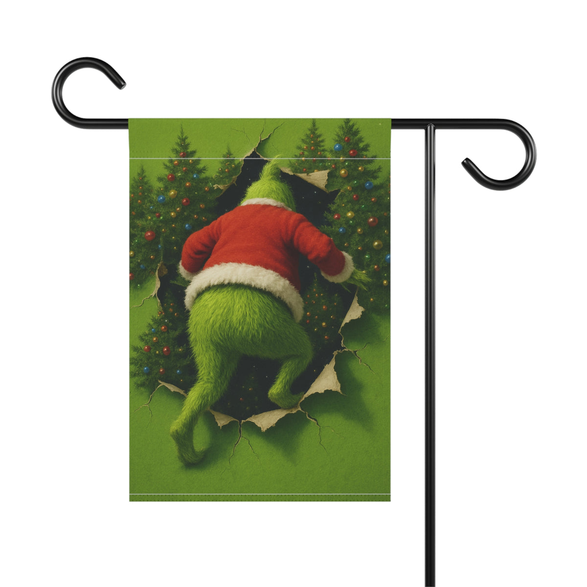 Personalizable Fuzzy Green figure Peeking Through Christmas Trees Garden Flag | House Banner