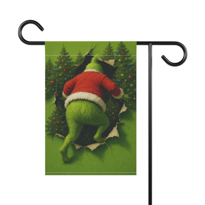 Personalizable Fuzzy Green figure Peeking Through Christmas Trees Garden Flag | House Banner